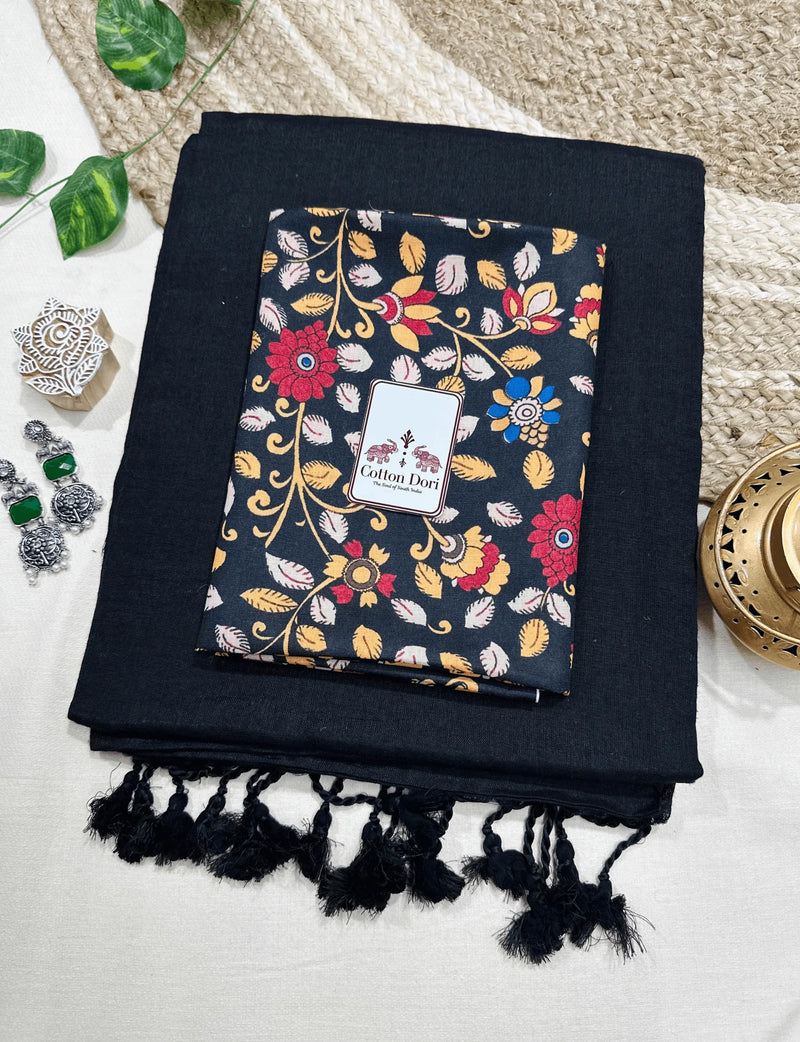Premium Handloom Cotton Saree - Shadow black saree with black flower printed blouse - Cotton Dori