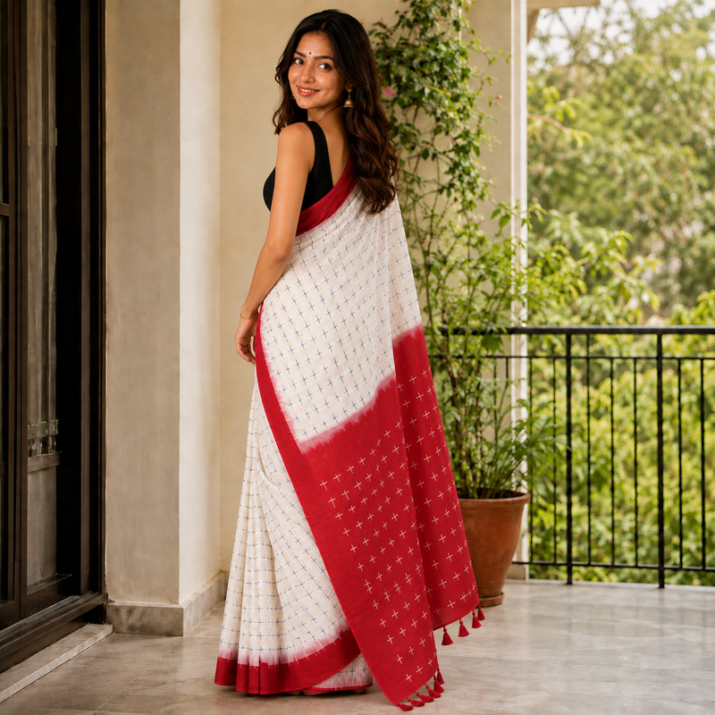 Elegant Red Cross Print Digital Printed Linen Cotton Saree