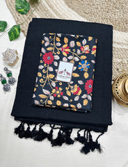 Premium Handloom Cotton Saree - Shadow black saree with black flower printed blouse - Cotton Dori