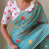 Elegant Aqua Green Linen Cotton Checks Saree with Delicate Rose Motifs & White Floral Blouse