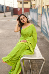 Lemon green handloom cotton saree with printed blouse - Cotton Dori