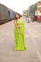 Lemon green handloom cotton saree with printed blouse - Cotton Dori