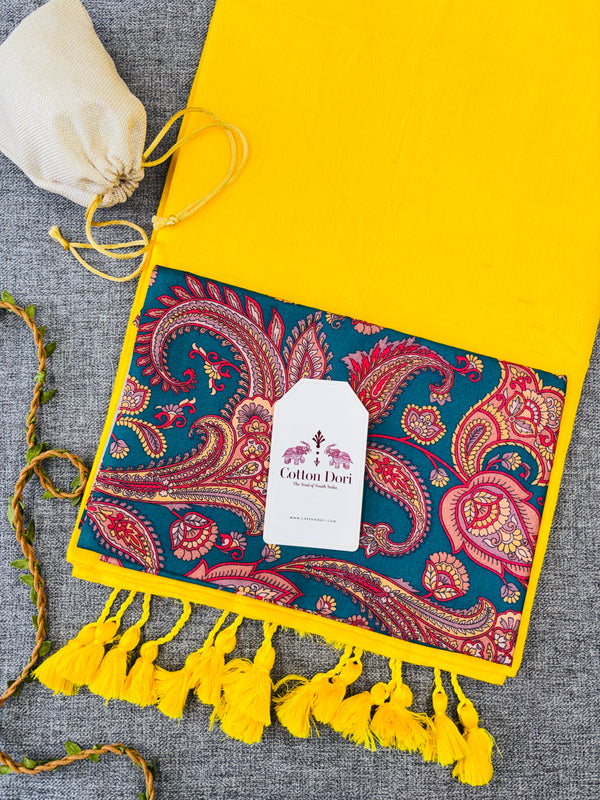 Premium Handloom Cotton Saree - Yellow Cotton Saree With Designer Printed Blouse