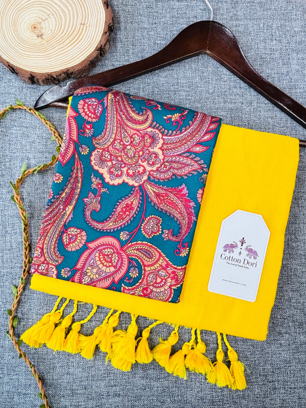 Premium Handloom Cotton Saree - Yellow Cotton Saree With Designer Printed Blouse