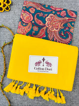 Premium Handloom Cotton Saree - Yellow Cotton Saree With Designer Printed Blouse