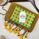 Traditional Handloom Cotton Saree – Olive Cotton Saree with Designer Blouse