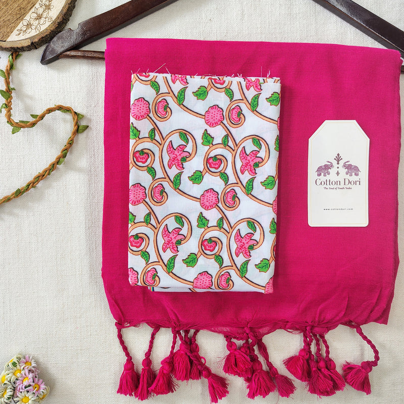 Classic Handloom Cotton Saree – Pink Cotton Saree with Floral Printed Blouse