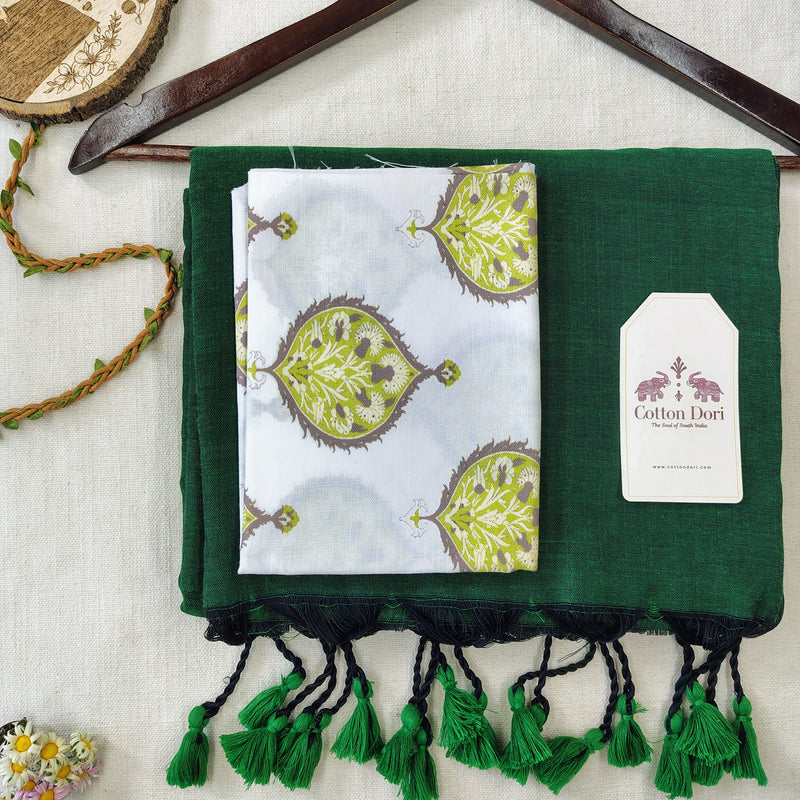 Classic Handloom Cotton Saree – Green Cotton Saree with Printed Designer Blouse