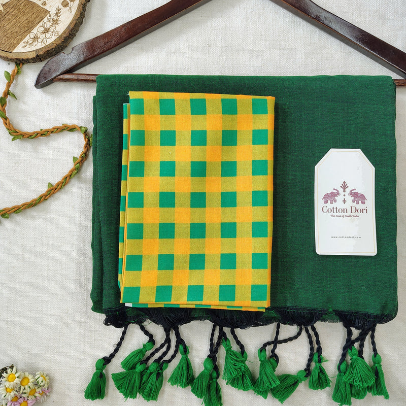 Premium Handloom Cotton Saree – Dark Green Cotton Saree with Designer Print Blouse