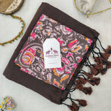 Elegant Handloom Cotton Saree – Chocolate Brown Cotton Saree with Designer Printed Blouse