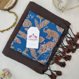 Premium Cotton Handloom Saree – Dark Brown Saree with Blue Print Blouse