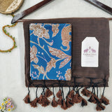 Premium Cotton Handloom Saree – Dark Brown Saree with Blue Print Blouse