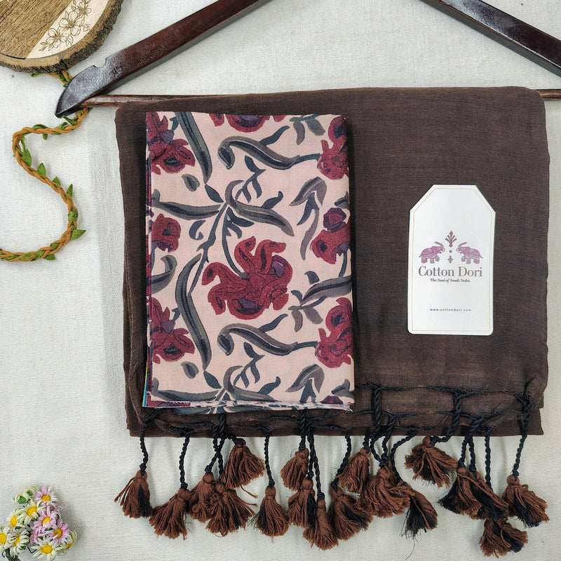 Traditional Handloom Cotton Saree – Brown Saree with Floral Printed Blouse