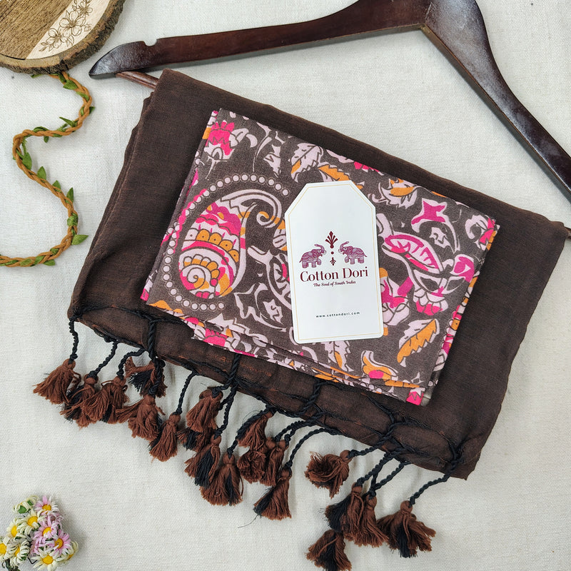 Elegant Handloom Cotton Saree – Chocolate Brown Cotton Saree with Designer Printed Blouse