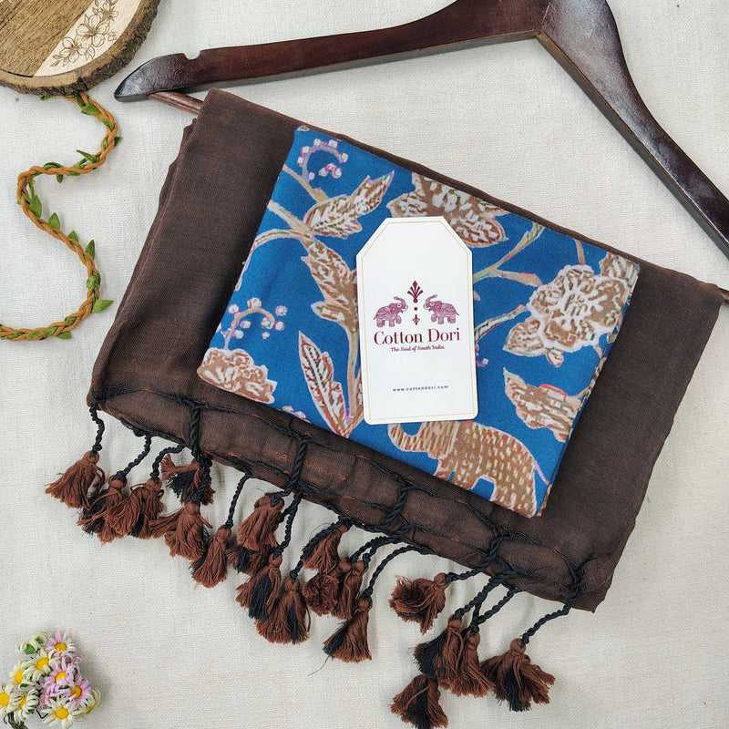 Premium Cotton Handloom Saree – Dark Brown Saree with Blue Print Blouse