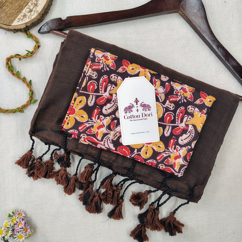 Royal Handloom Cotton Saree  – Brown Cotton Saree with Designer Printed Blouse