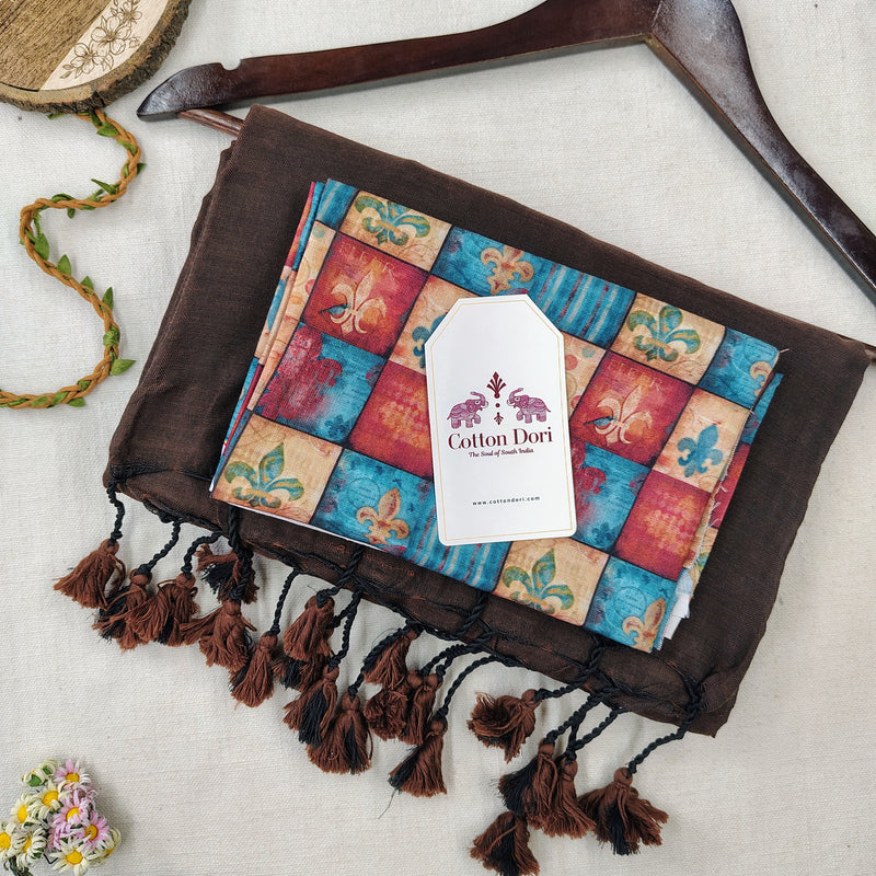 Classic Handloom Cotton Saree – Brown Cotton Saree with Multicolor Printed Blouse