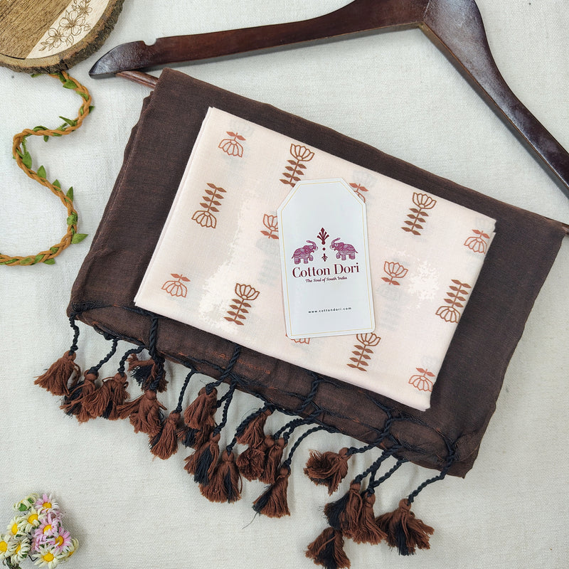 Premium Cotton Handloom Saree – Dark Brown Cotton Saree with Printed Blouse