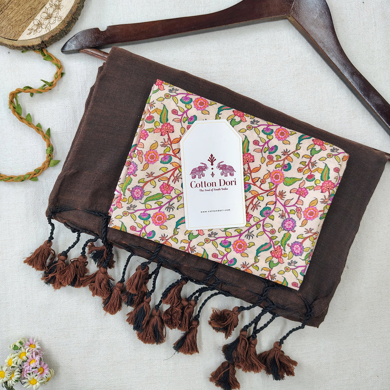 Premium Handloom Cotton Saree – Brown Cotton Saree with Designer Floral Blouse