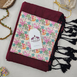 Royal Handloom Cotton Saree  – Deep Wine Cotton Saree with Flower Designer Printed Blouse