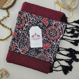 Elegant Handloom Cotton Saree – Deep Wine Cotton Saree with Flower Printed Blouse