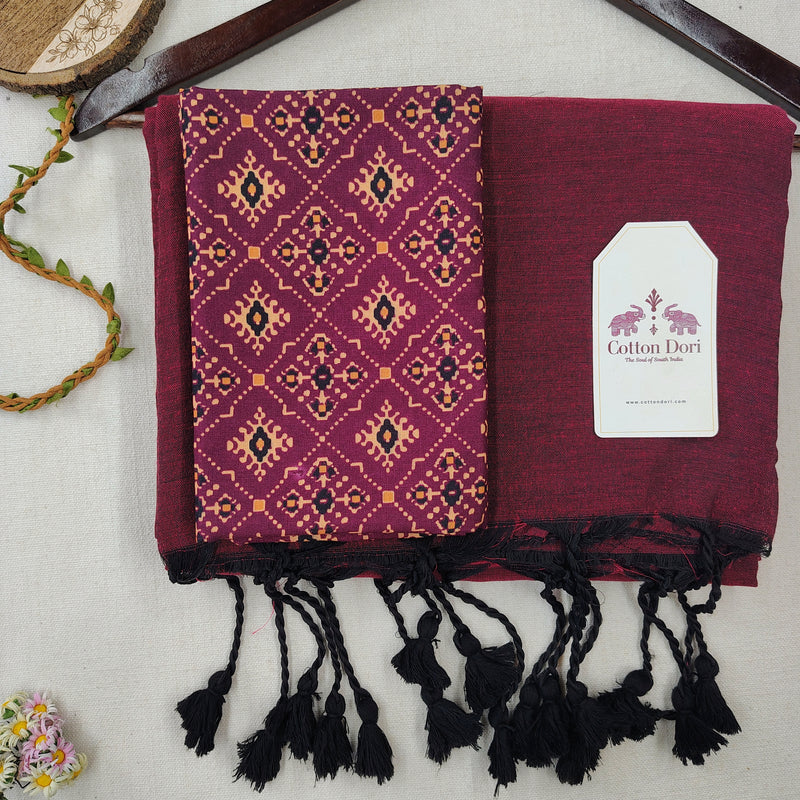 Elegant Handloom Cotton Saree – Deep Wine Cotton Saree with  Designer Printed Blouse