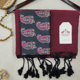 Elegant Handloom Cotton Saree – Wine Maroon Saree with Black Paisley Designer Blouse
