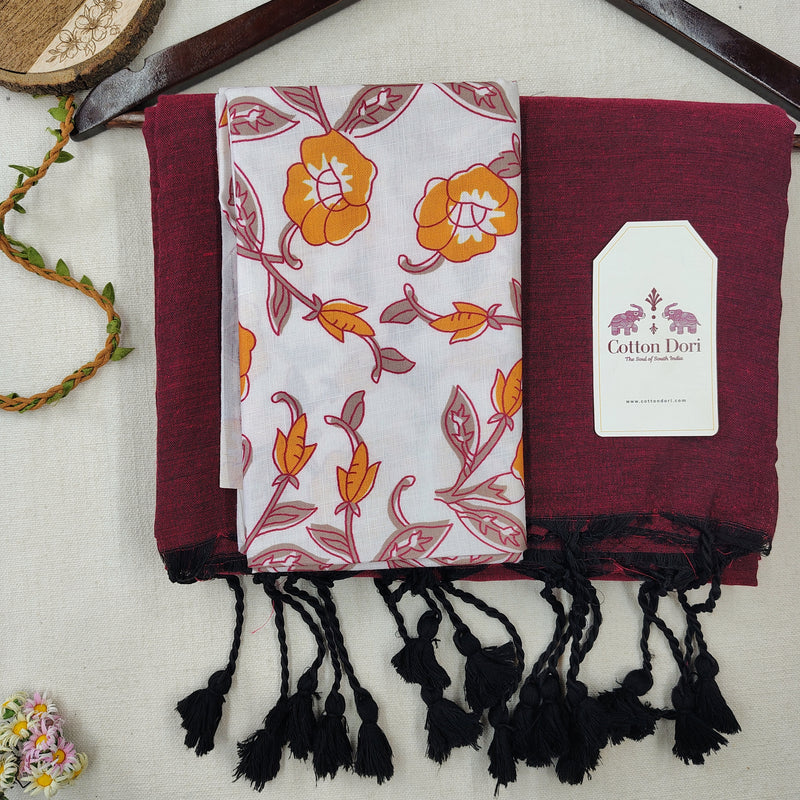 Elegant Handloom Cotton Saree – Wine Maroon Saree with Black Paisley Designer Blouse