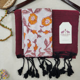 Elegant Handloom Cotton Saree – Wine Maroon Saree with Black Paisley Designer Blouse