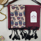 Classic Handloom Cotton Saree – Wine Cotton Saree with Designer Printed Blouse