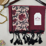 Graceful Handloom Cotton Saree – Maroon Cotton Saree with Flower Printed Blouse