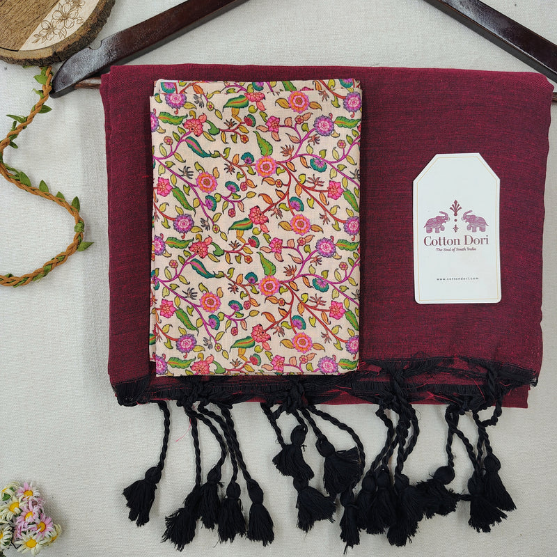 Classic Handloom Cotton Saree – Deep Wine Cotton Saree With Printed Blouse
