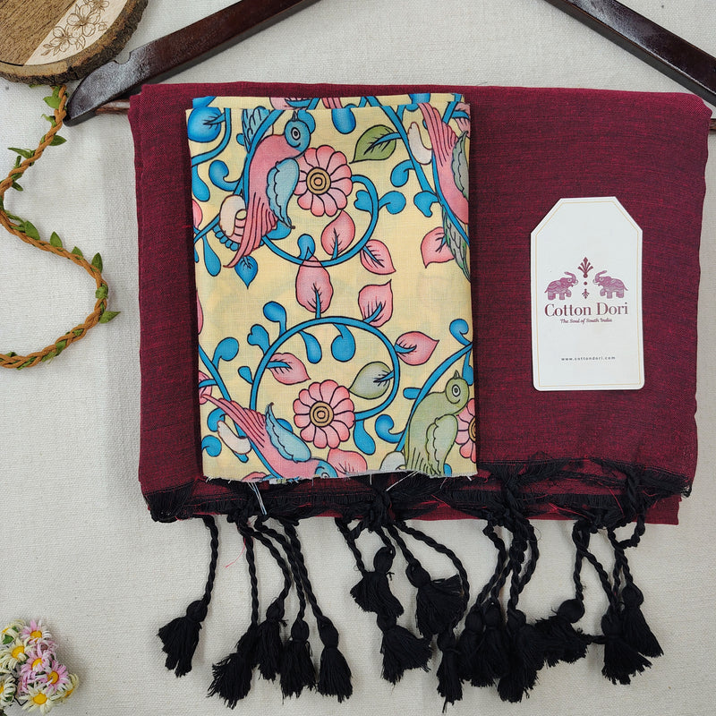 Classic Handloom Cotton Saree – Wine Cotton Saree with Flower Designer Printed Blouse