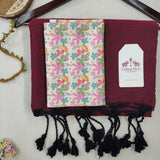 Royal Handloom Cotton Saree  – Deep Wine Cotton Saree with Flower Designer Printed Blouse