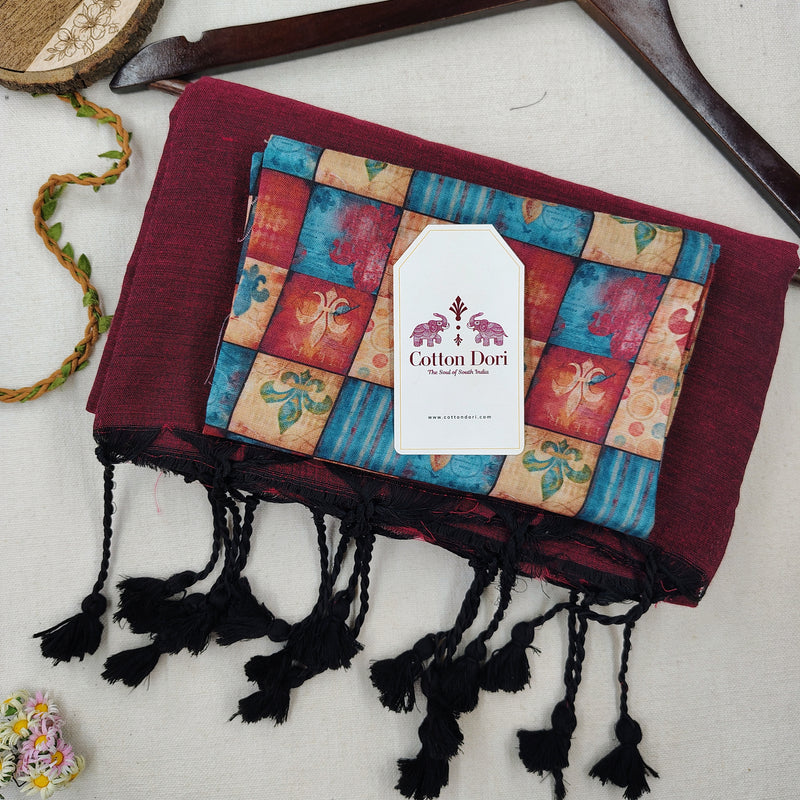 Classic Handloom Cotton Saree – Deep Wine Cotton Saree With Printed Blouse