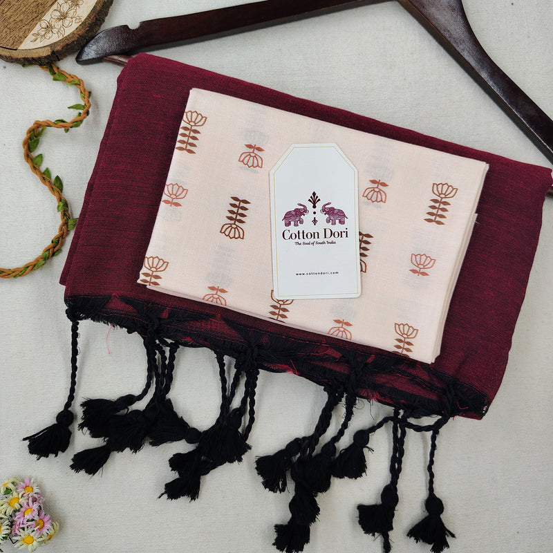Ethnic Handloom Cotton Saree –  Deep Wine Cotton Saree with Designer Painted Blouse