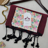 Royal Handloom Cotton Saree  – Deep Wine Cotton Saree with Flower Designer Printed Blouse