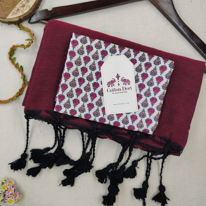 Classic Handloom Cotton Saree – Dark Maroon Cotton Saree with Floral Printed Blouse