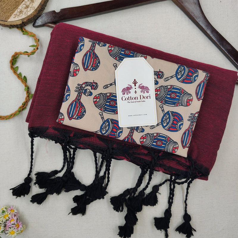 Classic Handloom Cotton Saree – Wine Cotton Saree with Designer Printed Blouse