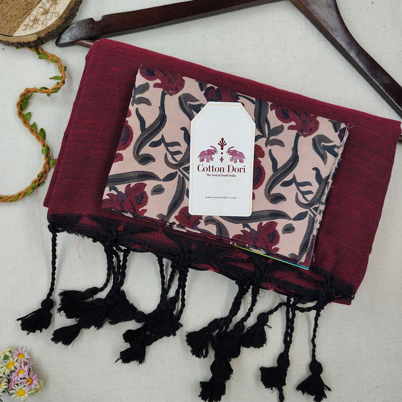 Graceful Handloom Cotton Saree – Maroon Cotton Saree with Flower Printed Blouse
