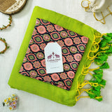 Premium Handloom Cotton Saree - Green Cotton Saree with Contrast Printed Blouse