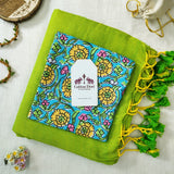 Classic Handloom Cotton - Apple Green Saree with Flower Blouse