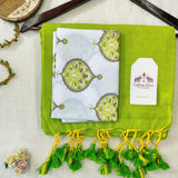 Premium Handloom Cotton Saree - Green Cotton Saree With Designer Printed Blouse