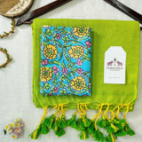 Classic Handloom Cotton - Apple Green Saree with Flower Blouse