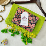 Premium Handloom Cotton Saree - Green Cotton Saree with Contrast Printed Blouse