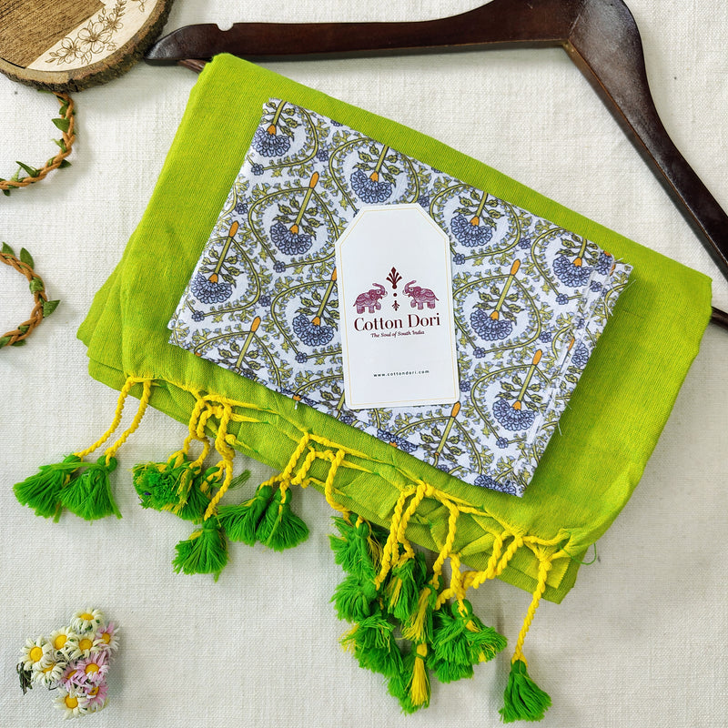 Pure Handloom Cotton Saree – Traditional Green Cotton Saree with Designer Blouse
