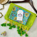 Classic Handloom Cotton - Apple Green Saree with Flower Blouse