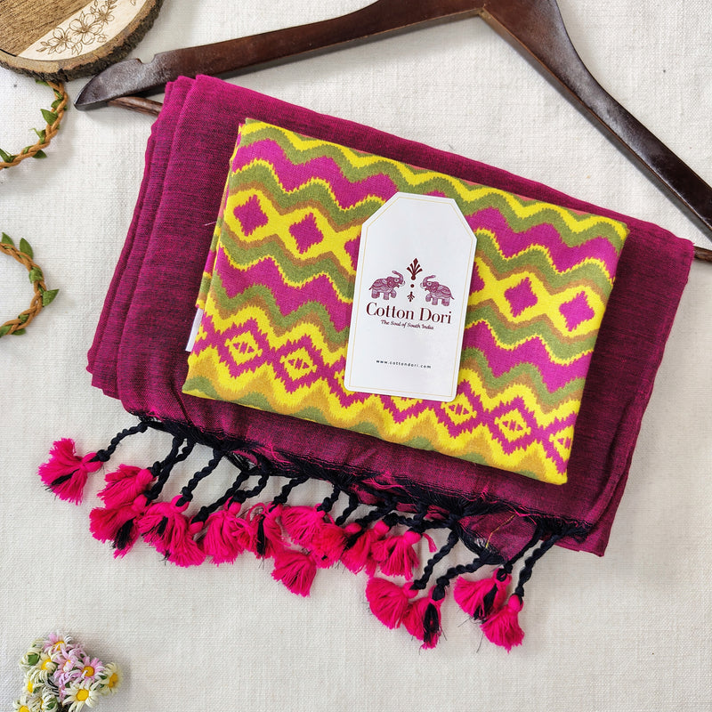 Premium Handloom Cotton - Classic Rani Pink Saree with Patola PrintedBlouse