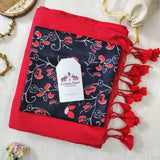 Elegant Handloom Cotton Saree – Red Cotton Saree with Designer Black Floral Blouse