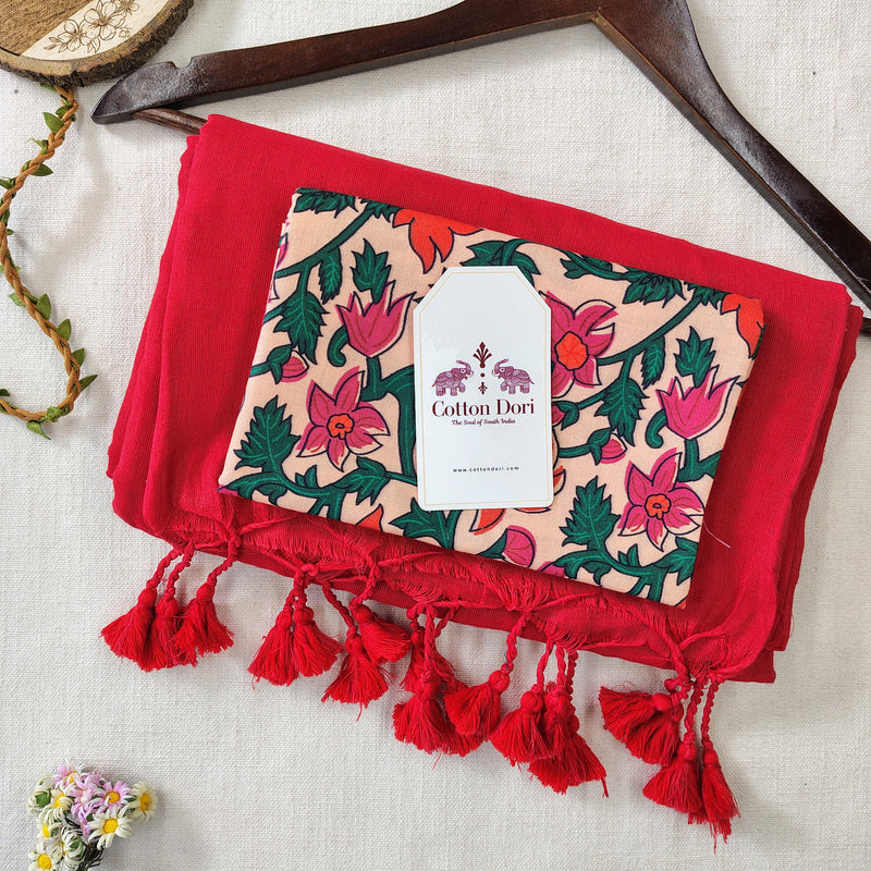 Classic Handloom Cotton Saree – Red Cotton Saree with Designer Printed Blouse